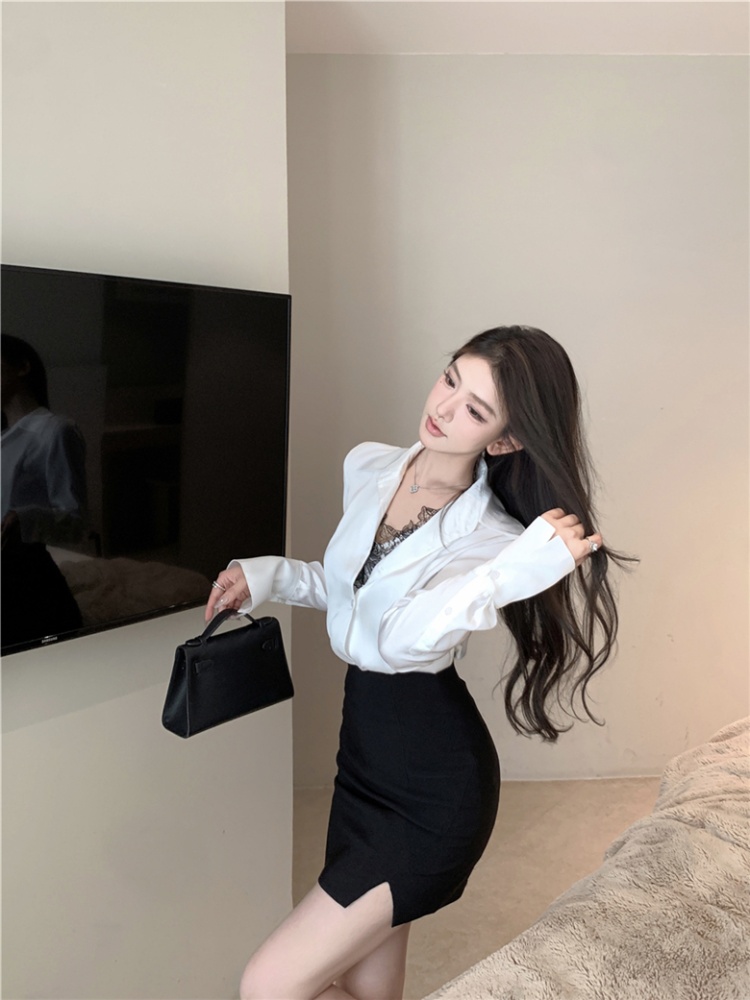 Long sleeve short skirt package hip shirt for women