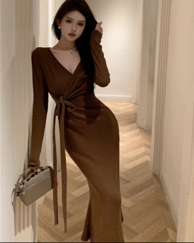 Fold bandage thick knitted cross slim dress for women