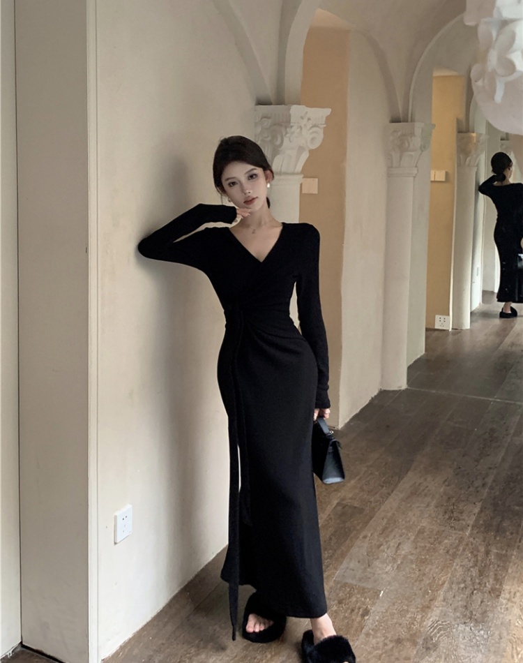 Fold bandage thick knitted cross slim dress for women