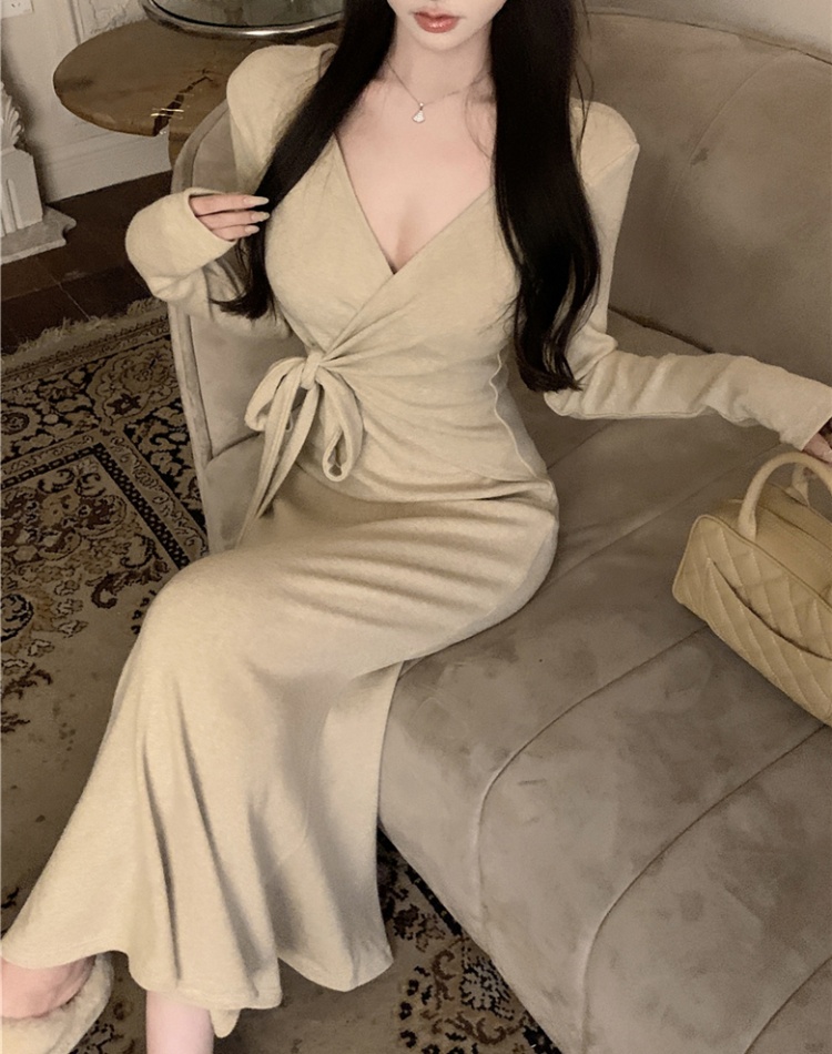 Fold bandage thick knitted cross slim dress for women