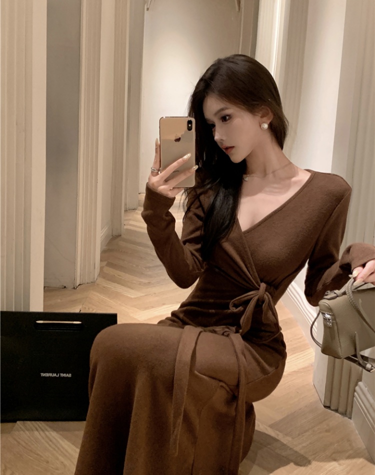 Fold bandage thick knitted cross slim dress for women