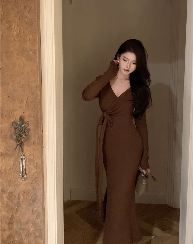 Fold bandage thick knitted cross slim dress for women