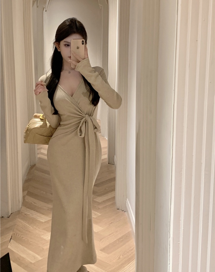 Fold bandage thick knitted cross slim dress for women