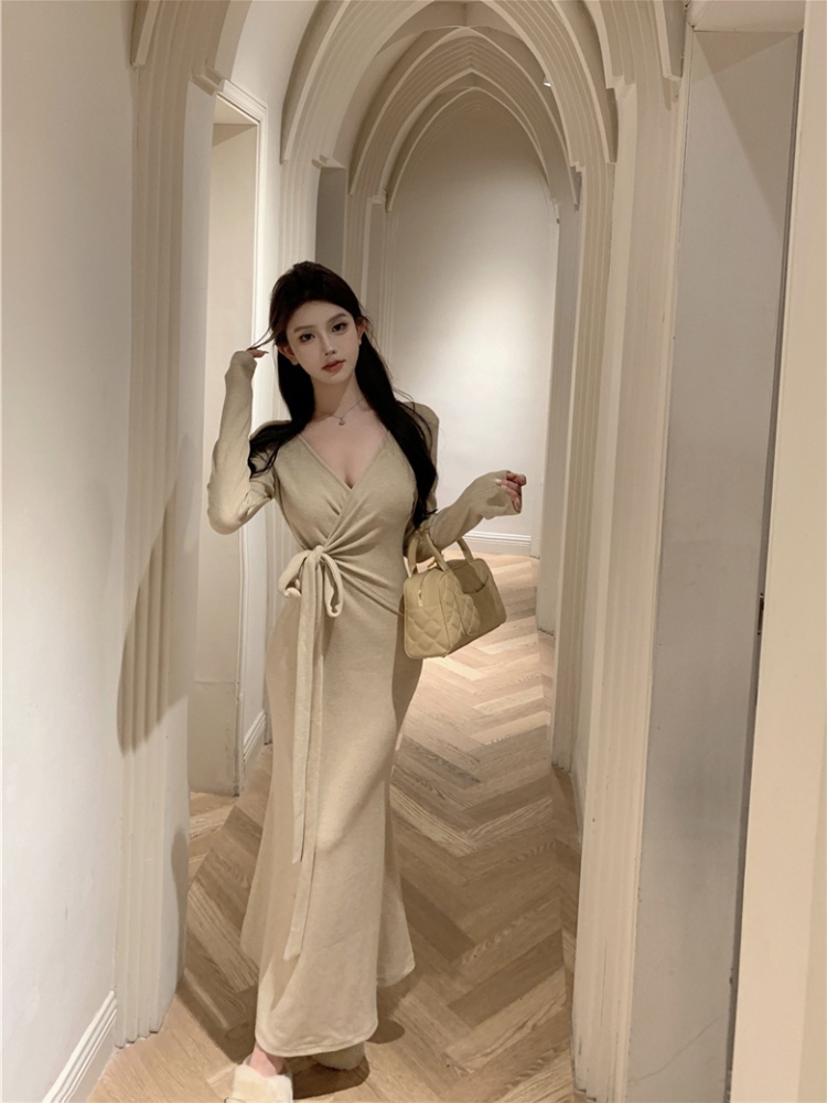 Fold bandage thick knitted cross slim dress for women