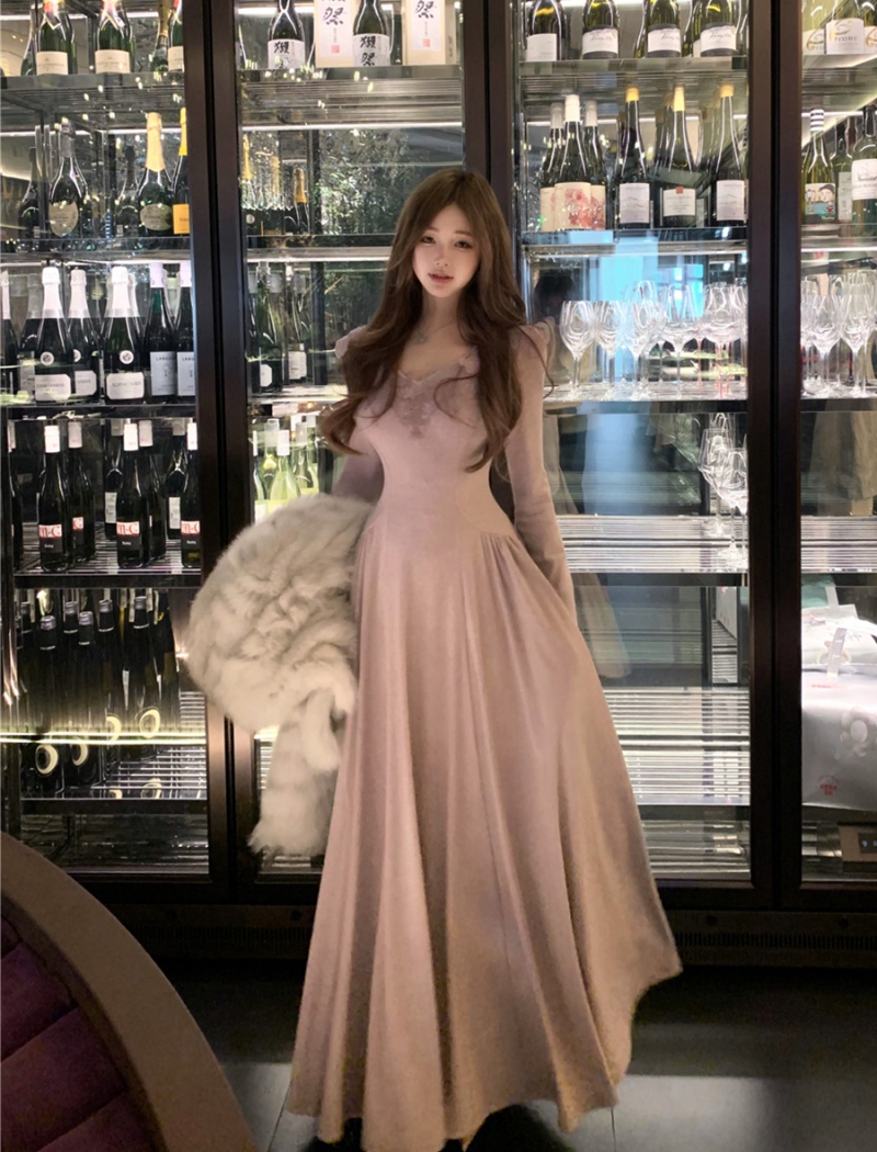 Slim pinched waist long dress retro dress for women