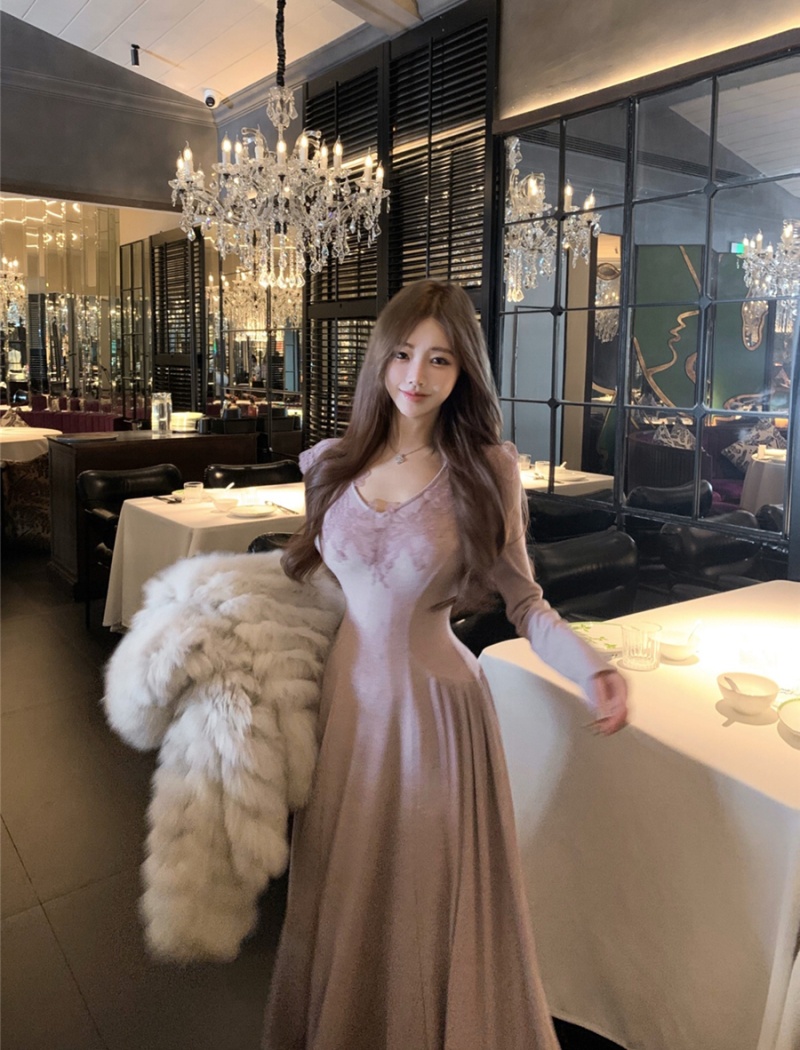 Slim pinched waist long dress retro dress for women