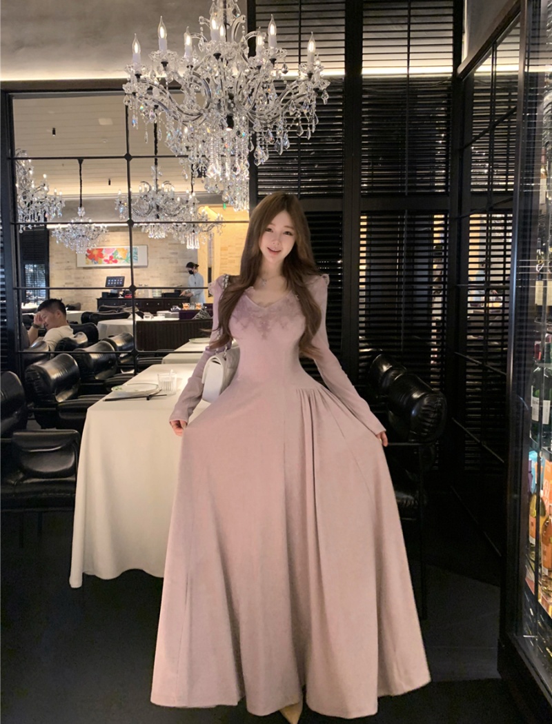 Slim pinched waist long dress retro dress for women