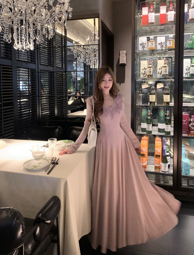 Slim pinched waist long dress retro dress for women