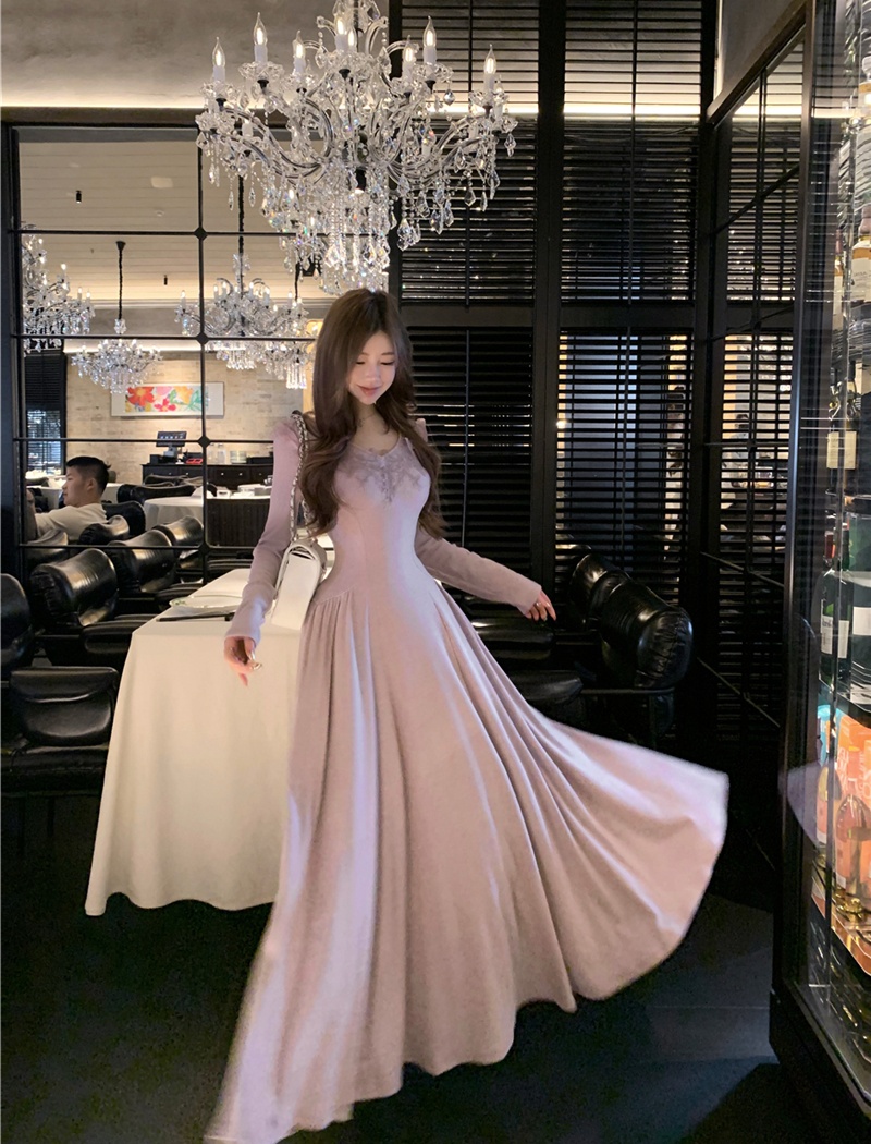 Slim pinched waist long dress retro dress for women