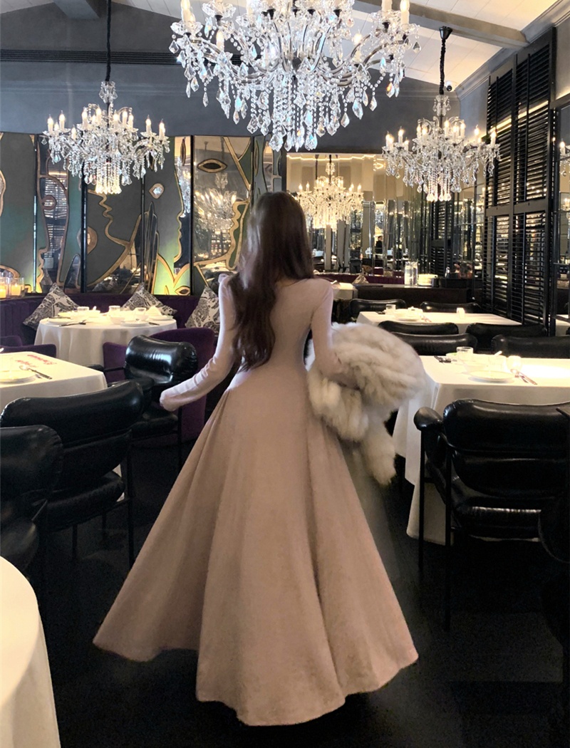 Slim pinched waist long dress retro dress for women