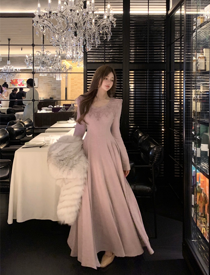 Slim pinched waist long dress retro dress for women