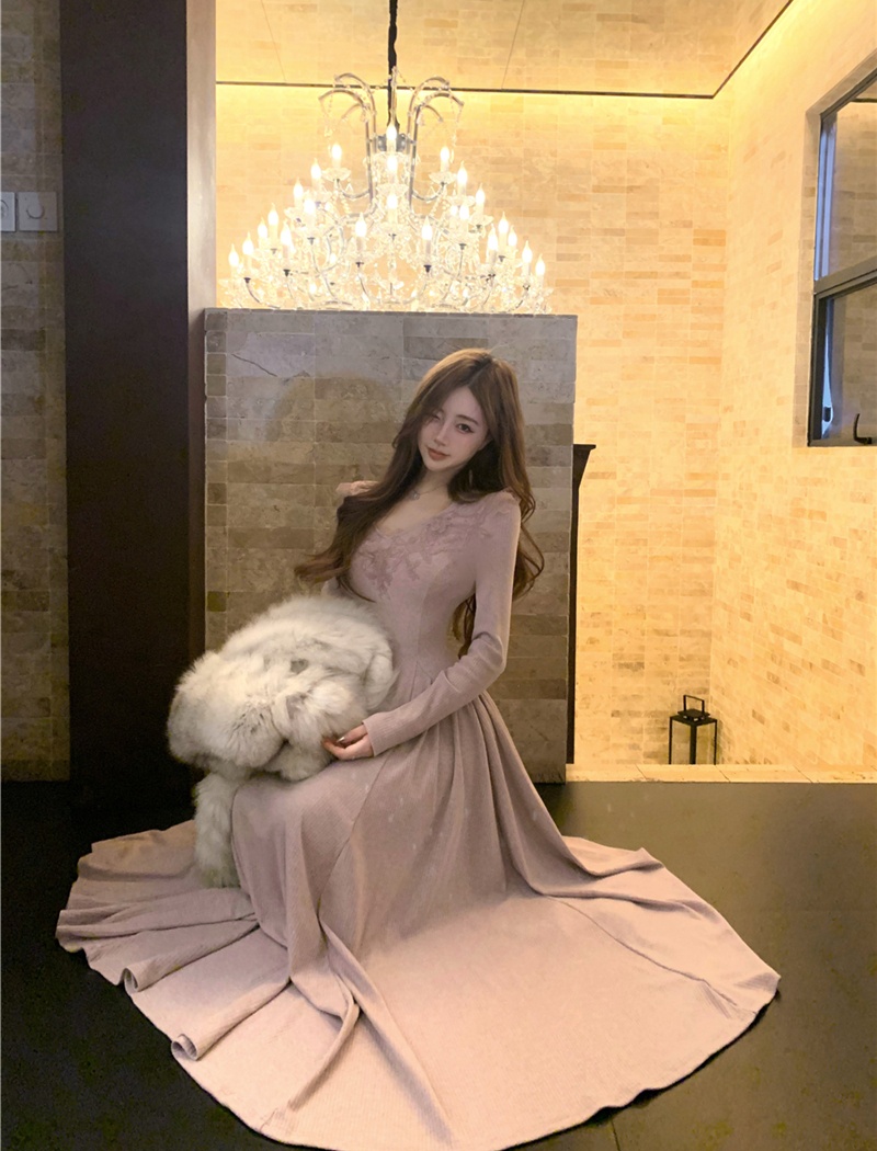 Slim pinched waist long dress retro dress for women