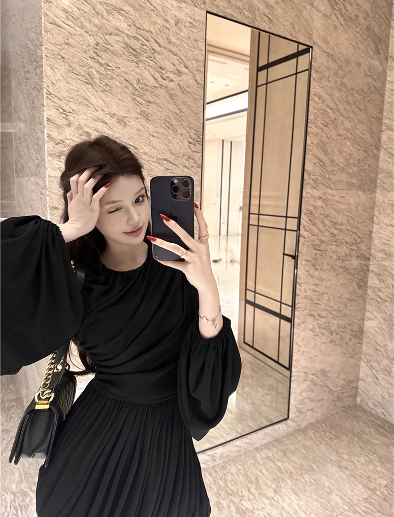 Spring fold lantern sleeve long sleeve dress for women