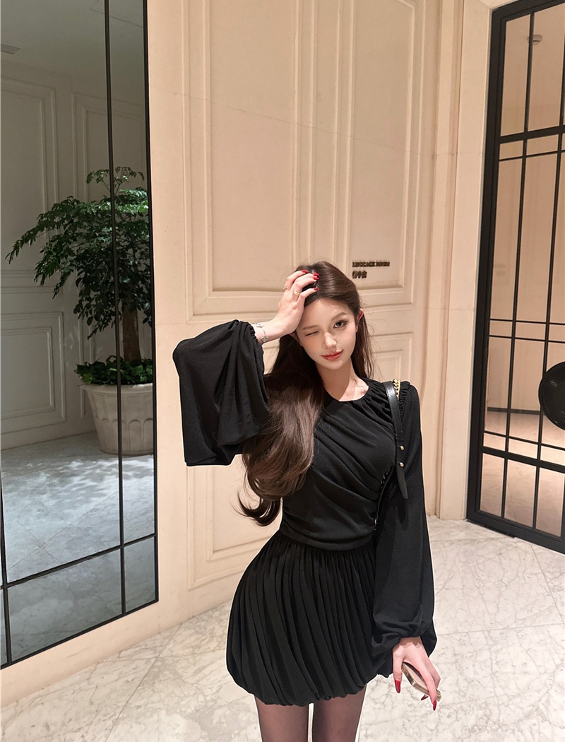 Spring fold lantern sleeve long sleeve dress for women