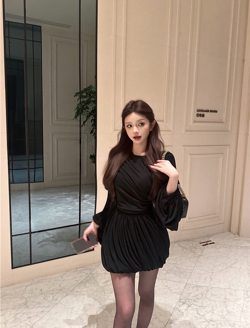 Spring fold lantern sleeve long sleeve dress for women