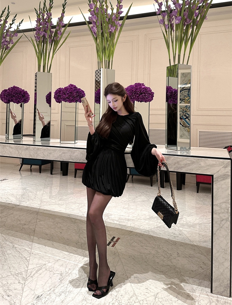 Spring fold lantern sleeve long sleeve dress for women