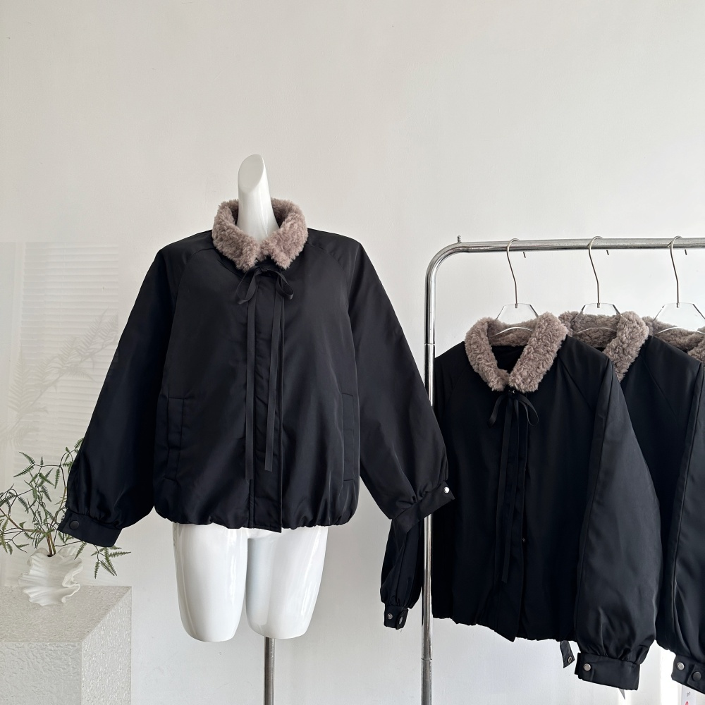 Winter thick black cotton coat fur collar niche coat