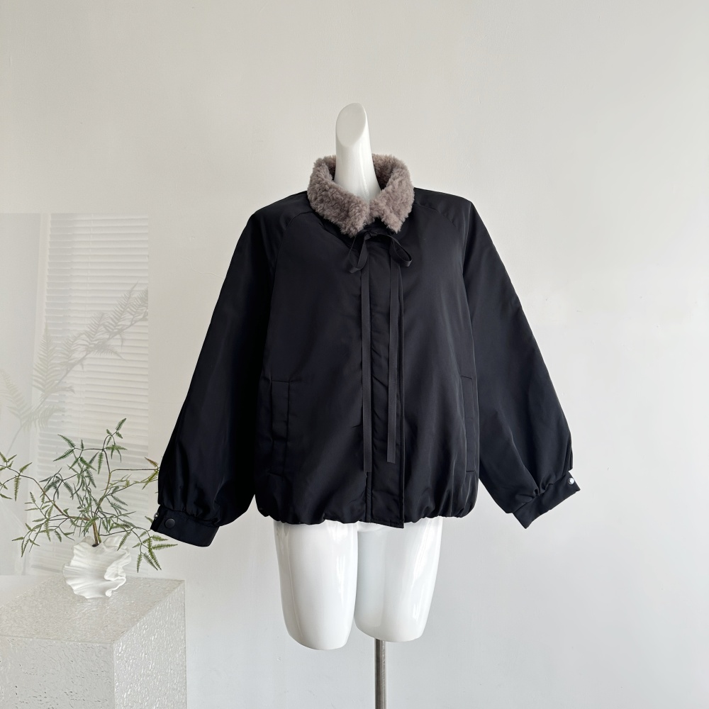 Winter thick black cotton coat fur collar niche coat