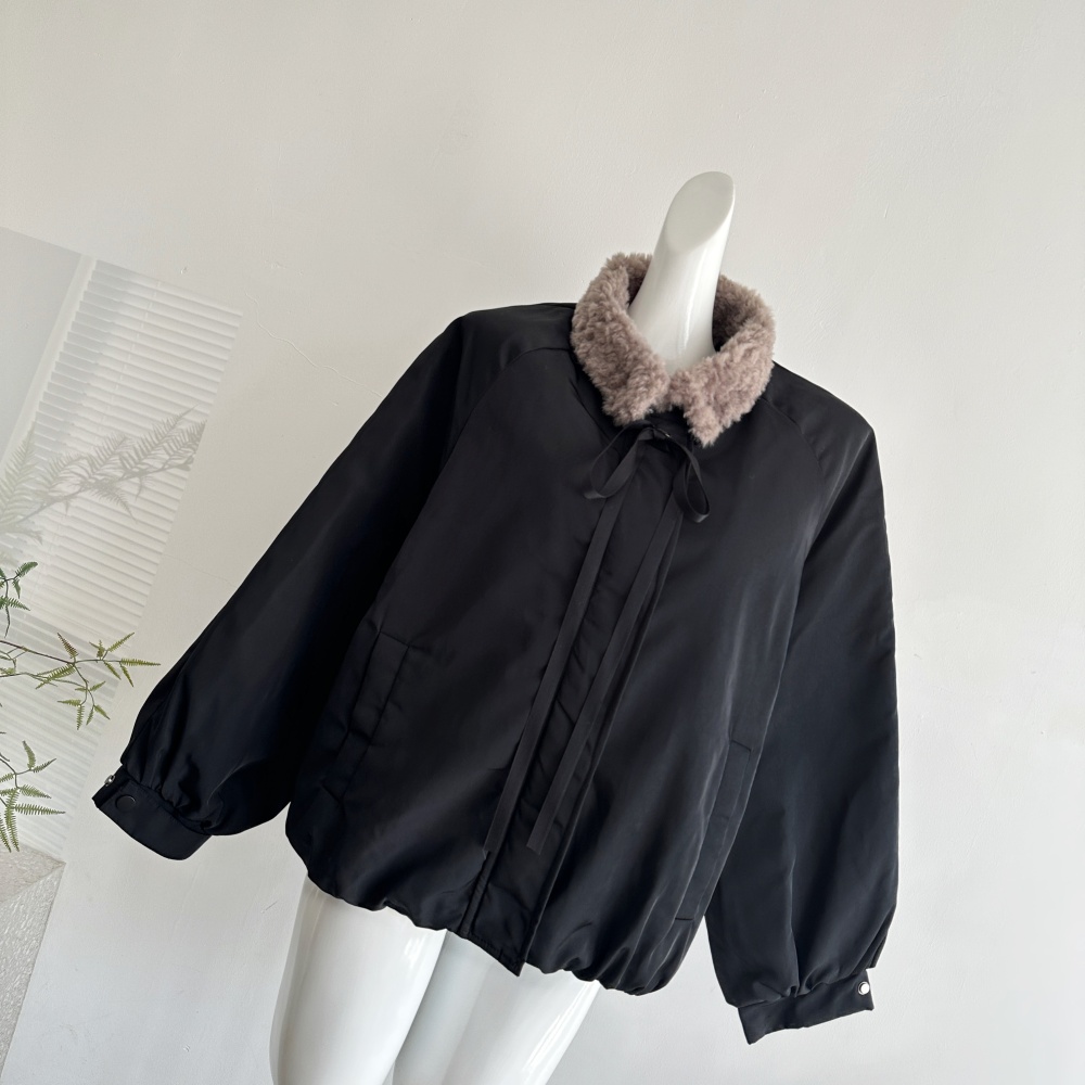 Winter thick black cotton coat fur collar niche coat