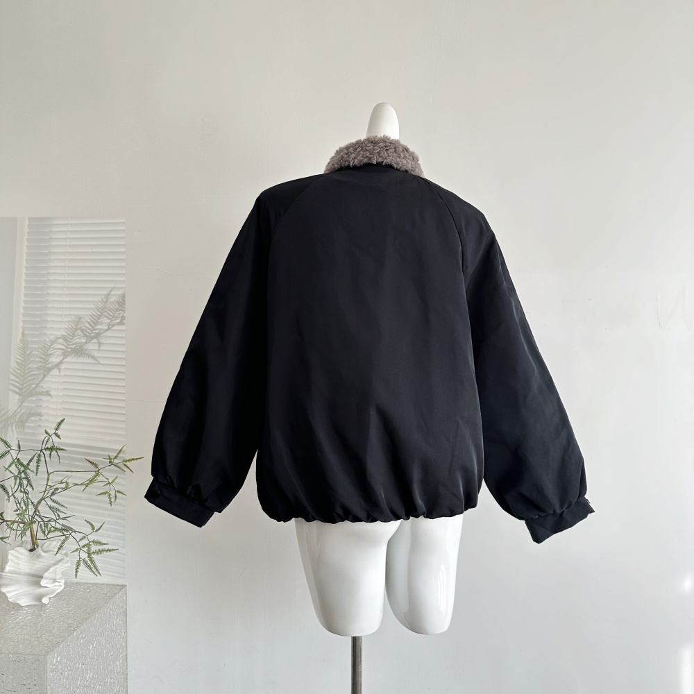 Winter thick black cotton coat fur collar niche coat