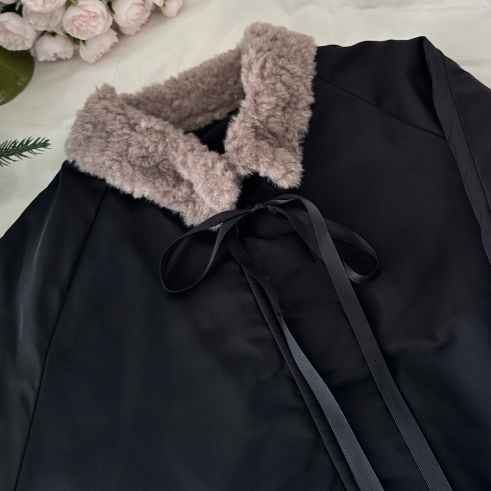 Winter thick black cotton coat fur collar niche coat