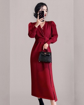 V-neck split long dress slim dress for women