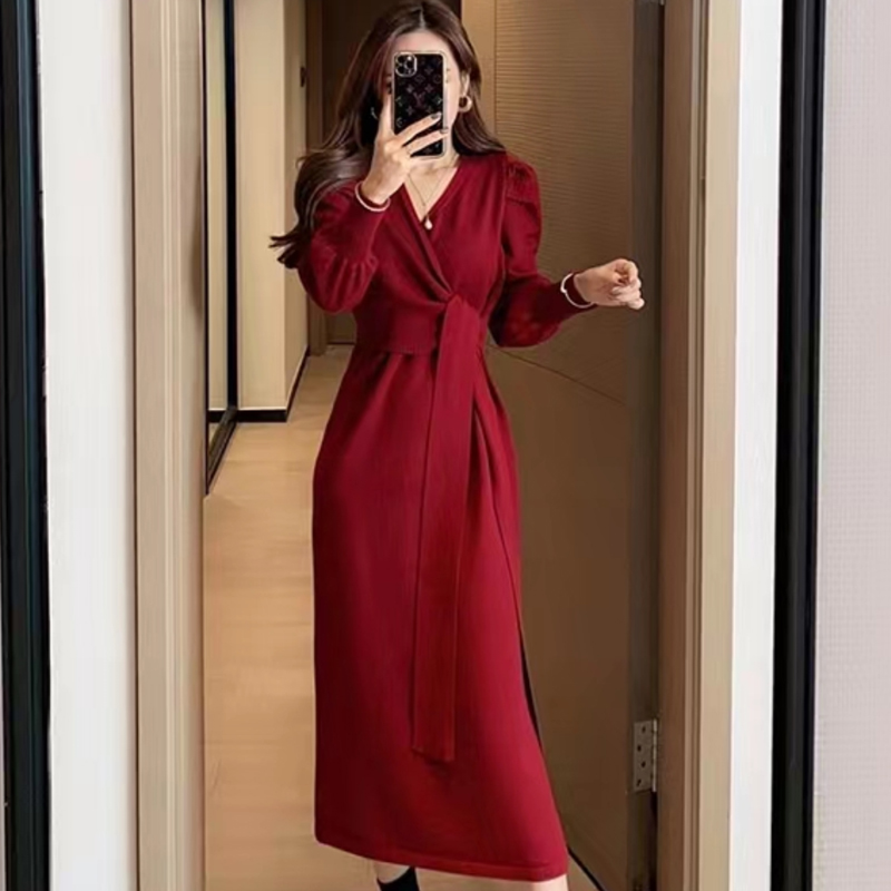 V-neck split long dress slim dress for women