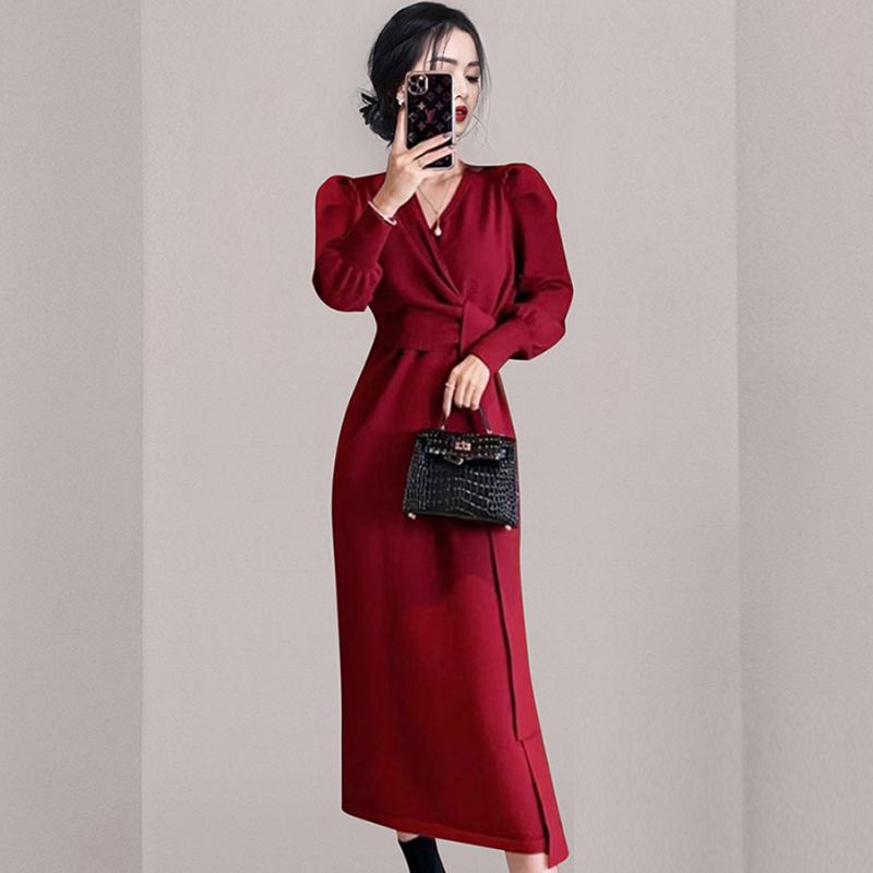 V-neck split long dress slim dress for women