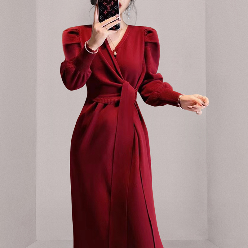 V-neck split long dress slim dress for women