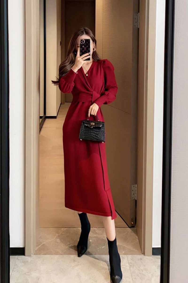 V-neck split long dress slim dress for women