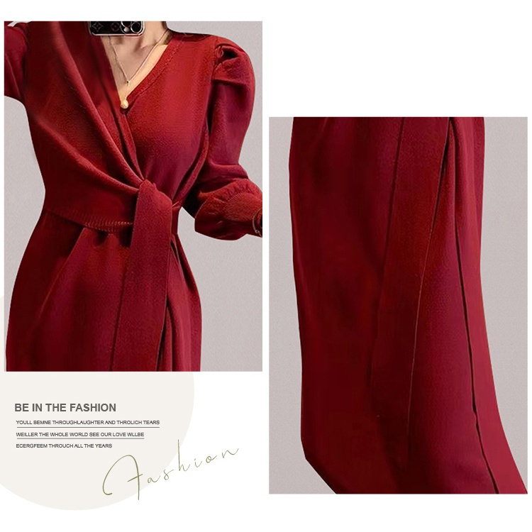 V-neck split long dress slim dress for women