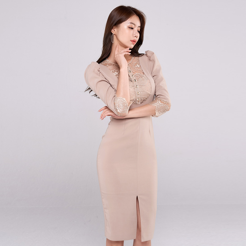 Lace slim short sleeve pinched waist split dress for women
