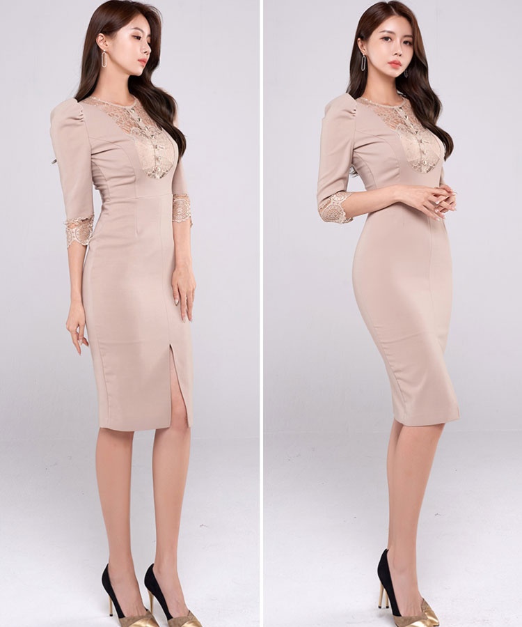 Lace slim short sleeve pinched waist split dress for women