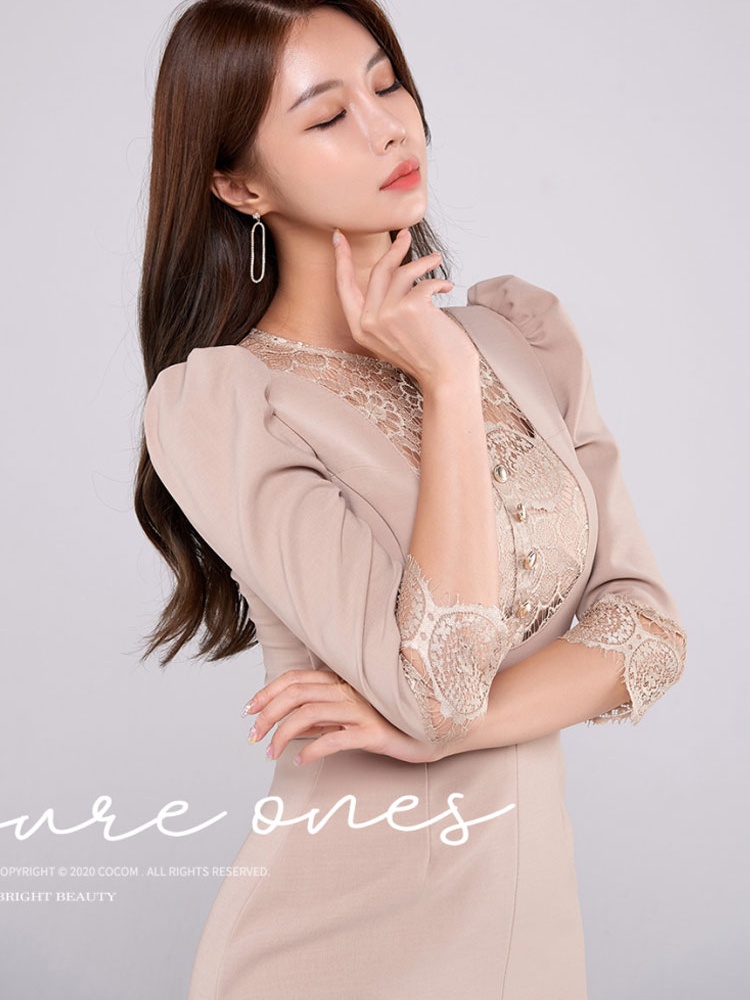 Lace slim short sleeve pinched waist split dress for women