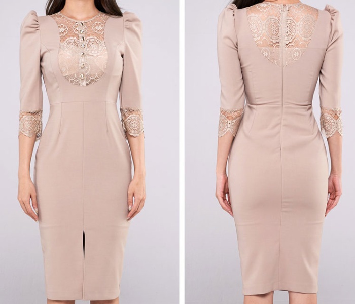 Lace slim short sleeve pinched waist split dress for women