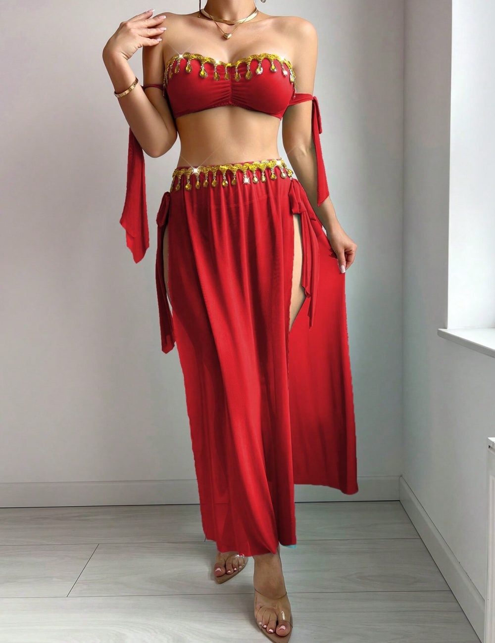 Sexy high split European style Bra prom mesh long skirt