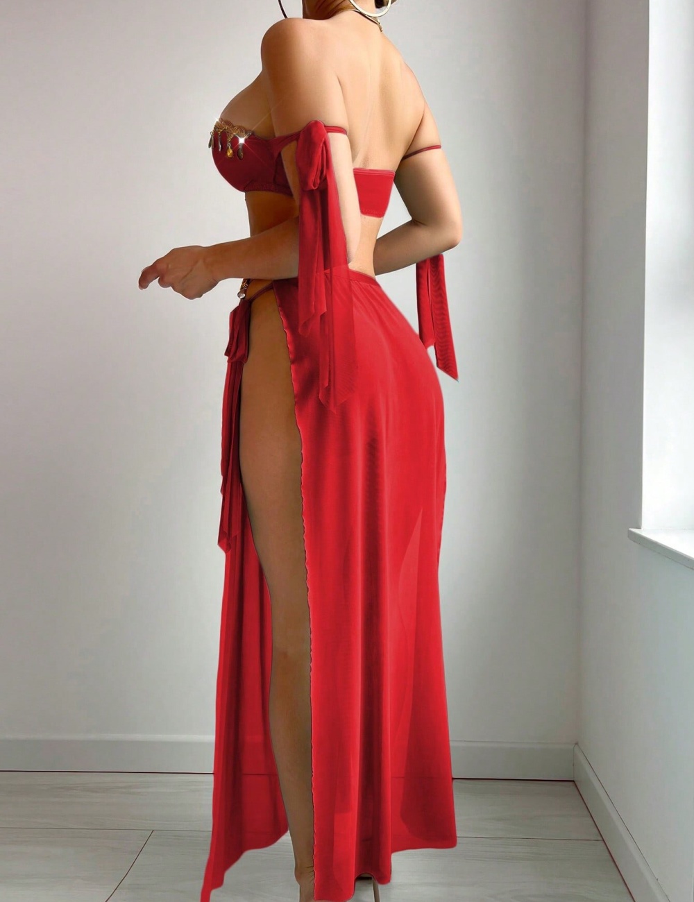 Sexy high split European style Bra prom mesh long skirt