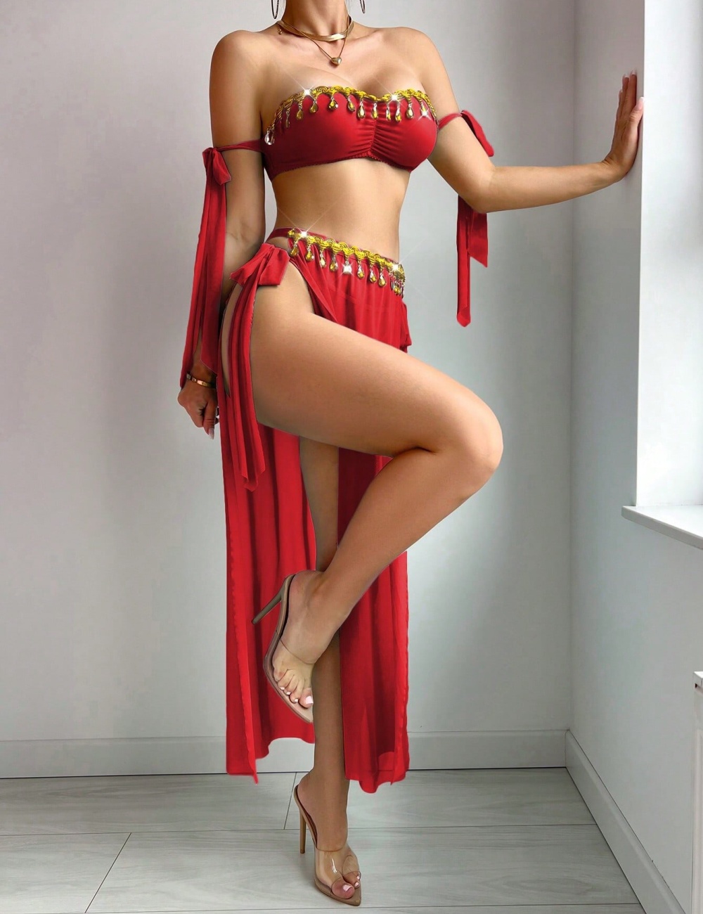 Sexy high split European style Bra prom mesh long skirt