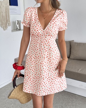 Puff sleeve V-neck summer short sleeve vacation dress