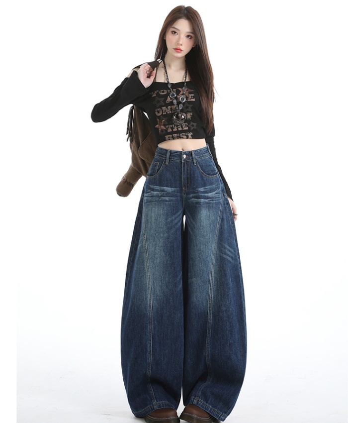 Retro American style pants loose wide leg jeans for women