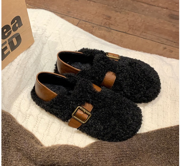 Metal buckles plush all-match plus velvet shoes