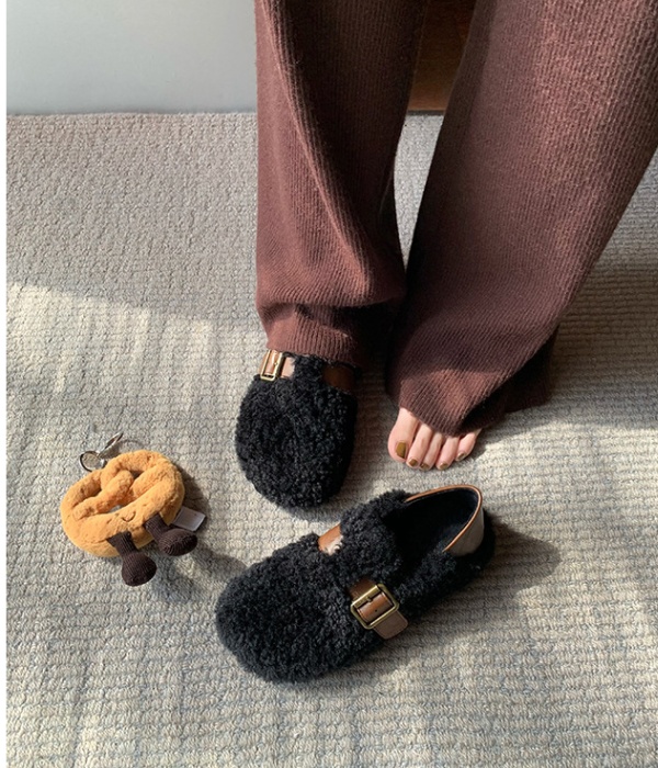 Metal buckles plush all-match plus velvet shoes