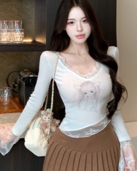Long sleeve printing cartoon T-shirt slim lace tops