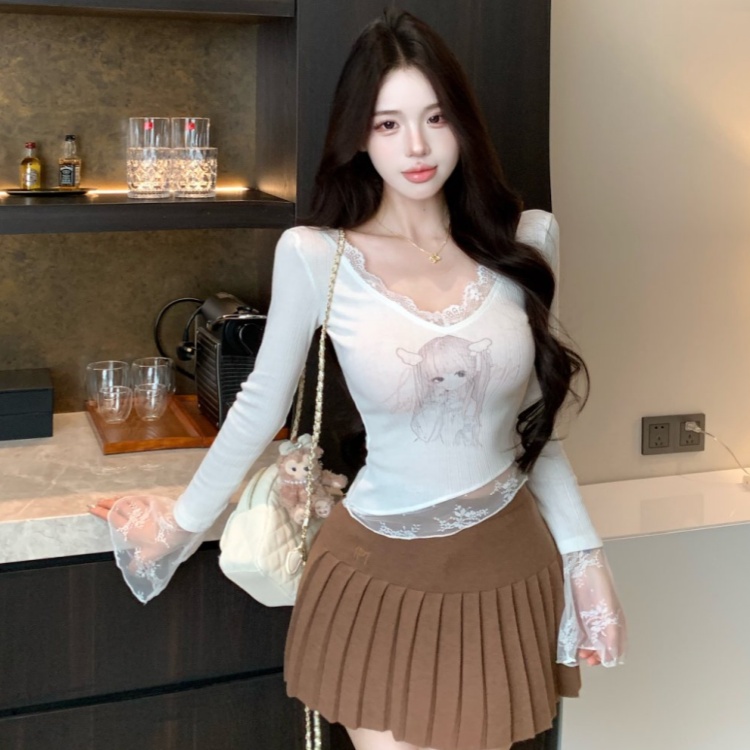 Long sleeve printing cartoon T-shirt slim lace tops
