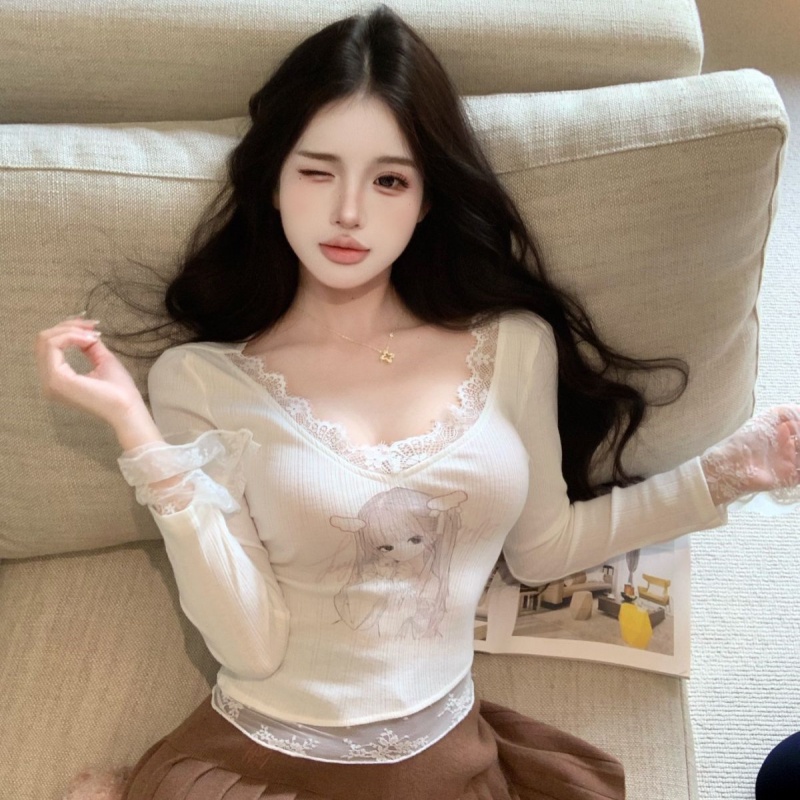 Long sleeve printing cartoon T-shirt slim lace tops