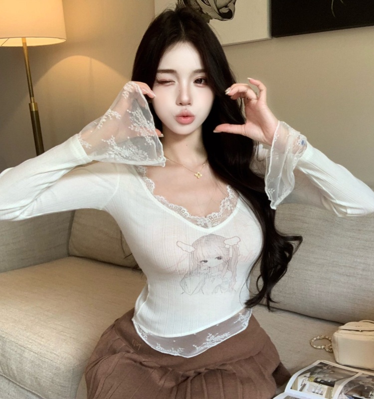 Long sleeve printing cartoon T-shirt slim lace tops