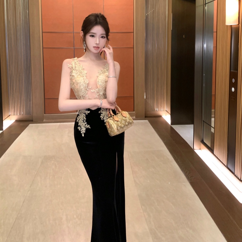 Hollow split perspective formal dress sling splice sexy dress