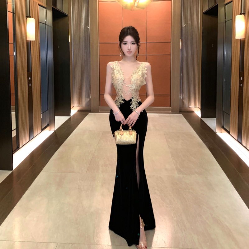 Hollow split perspective formal dress sling splice sexy dress