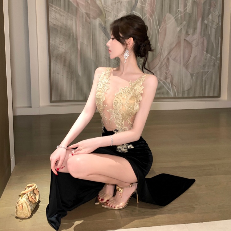 Hollow split perspective formal dress sling splice sexy dress