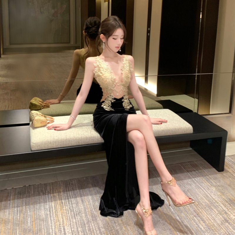 Hollow split perspective formal dress sling splice sexy dress